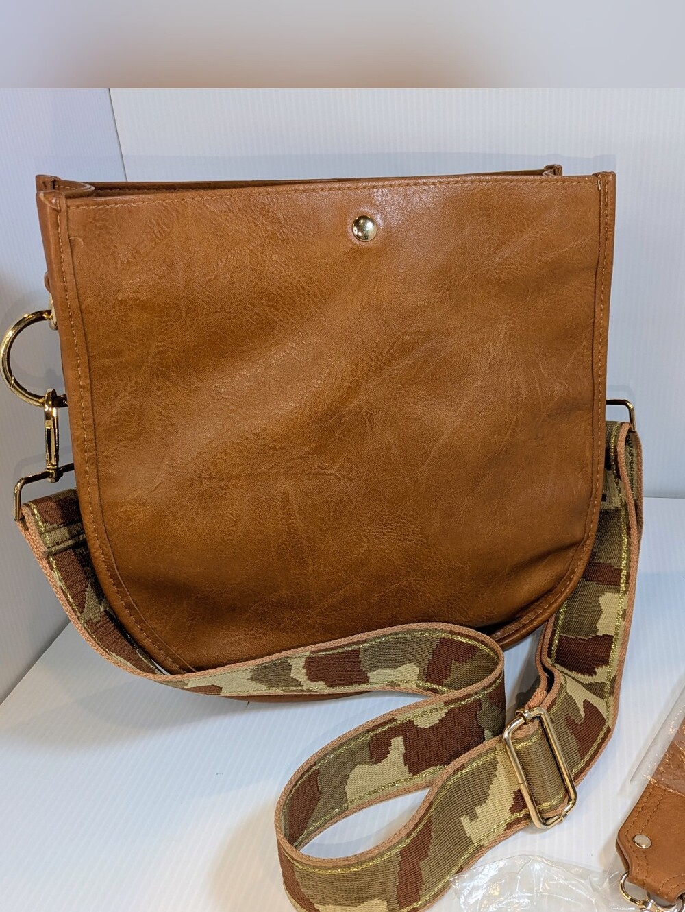 Ah-Dorned Camel Vegan Leather Crossbody Bag Camo Guitar Strap + Extra Strap